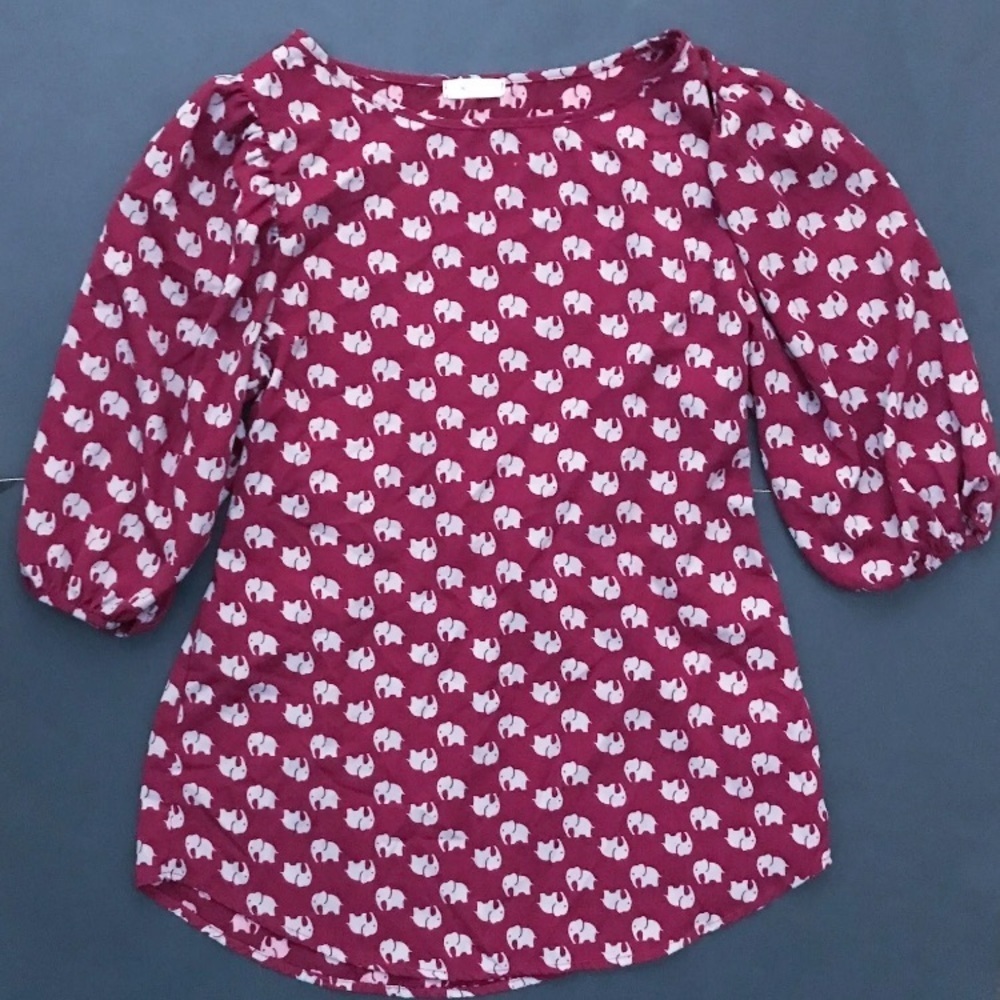 Burgundy Elephant Print Shirt Top Juniors Small Retro Boho Twee Whimsical